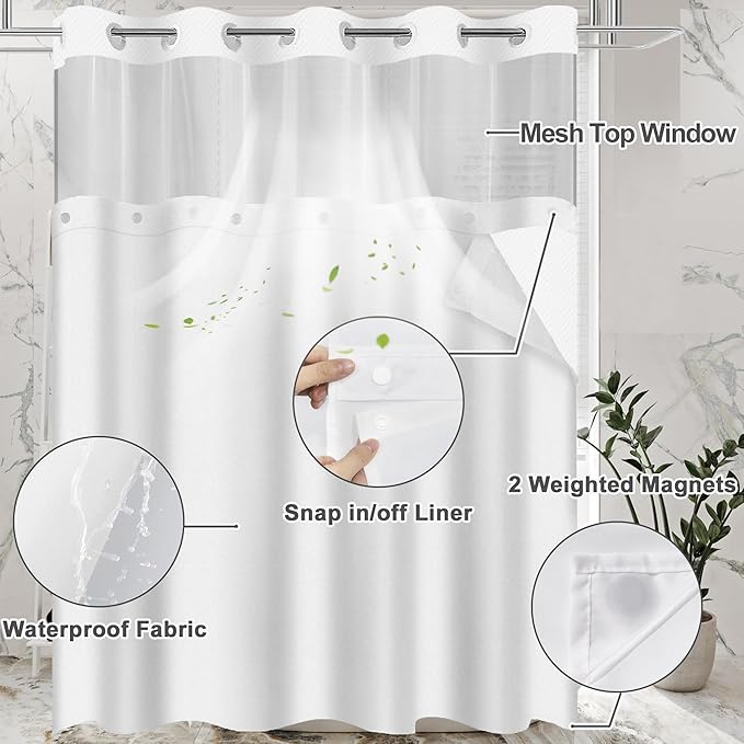No Hook Shower Curtain with Snap in Fabric Liner Set, White Chevron Hotel Style Bathroom Curtain, Washable and Water Repellent, 71x74 Inches
