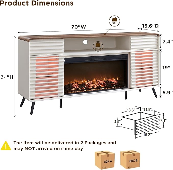 RedLemon Fireplace TV Stand for 80 Inch TV, Mid Century Modern Entertainment Center with 36" Electric Fireplace & Led Lights, Wood Media Console w/Slatted Sliding Doors for Living Room, Antique White