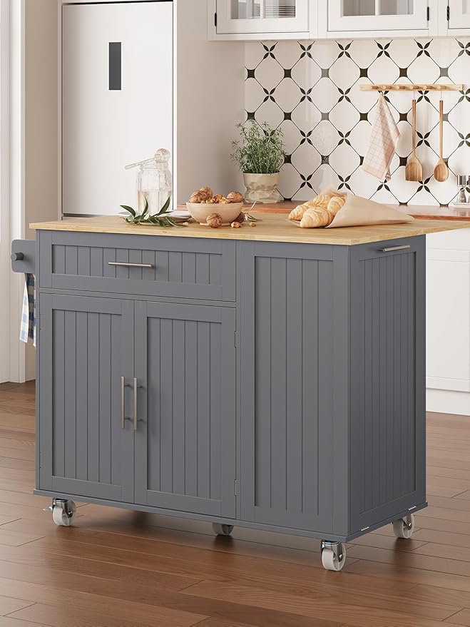 Kitchen Island with Storage & Drop Leaf - 43.3" Mobile Kitchen Cart with Wheels, Rolling Kitchen Island with Trash Bin Cabinet & Towel Rack, Rubberwood Top, Grey Island for Kitchen