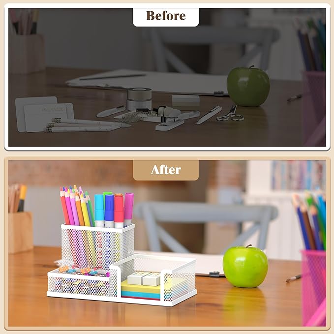 SUPEASY Pen Holder Desk Organizer, Office Supplies Pencil Holder with 3 Compartments, Desk Accessories and Workspace Organizers for Home School, White