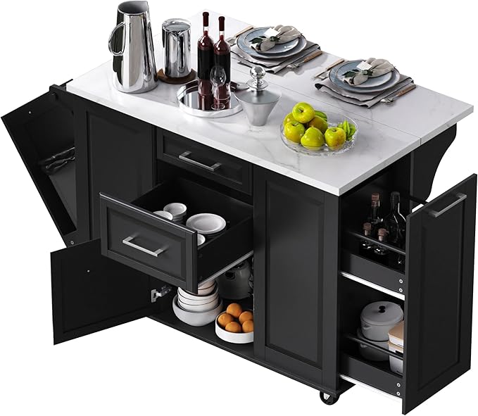 50.7" Mobile Kitchen Island with Storage Tilt Trash Can Cabinet and Pull Out Cabinet Organizer, Movable Rolling Island on 5 Wheels with Drop Leaf, 2 Drawers, 1Door for Kitchen, Dining Room (Black)