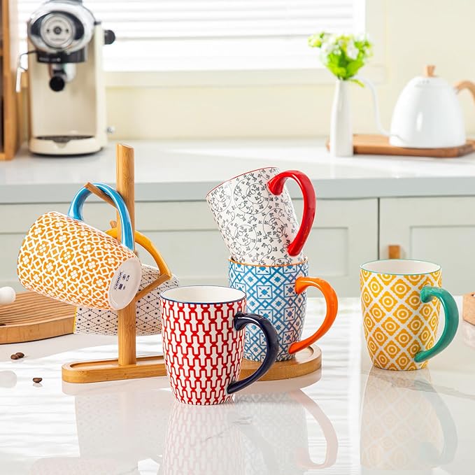 Ceramic Coffee Mugs Set - 16 Oz Large Porcelain Tea Cups with Handle for Men Women Cappuccino Latte Cocoa - Microwave Dishwasher Safe - Christmas Housewarming Gift - Set of 6 - Assorted Colors