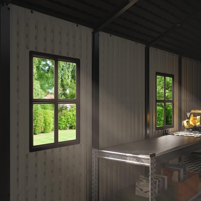 Patiowell 8x12 FT Outdoor Storage Shed, Plastic Shed Resin Garden Shed with Floor & Window & Lockable Door for Patio Furniture, Backyard Tools, Bicycles & Lawnmower, Beige