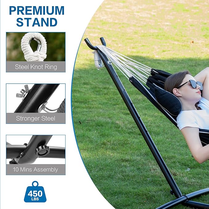 PNAEUT Double Hammocks with Stand for Outside, Portable Space Saving Heavy-Duty Steel Stand for Indoor Outdoor Patio with Carrying Bag, 450 lbs Capacity (Chasm)