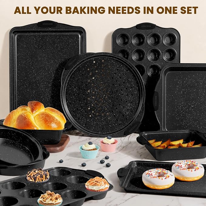 Kikcoin 22 PCS Nonstick Baking Pans Set, Stackable Bakeware Sets with Silicone Handles, 450°F Oven Safe Baking Sheet set, Easy Release Cookie Sheets for Baking, Black