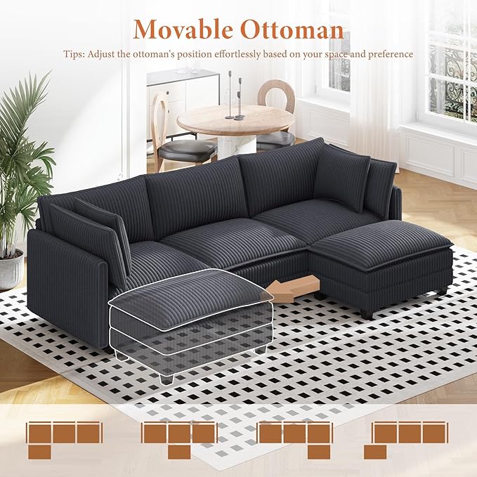 Vesgantti 109" L Shaped Cloud Sectional Couch, Comfy Corduroy Upholstered Modular Couches for Living Room, Modern 3 Seater Sectional Sofa with Ottoman Deep Seat, Dark Grey