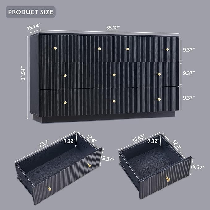 Fluted Dresser for bedroom, 55"W Black 8 Drawer Dressers, Wood Tall Dresser Storage Organizer, Modern Bedroom Chest of Drawers with Deep Storage for Closet Hallway, Entryway, Living Room Black