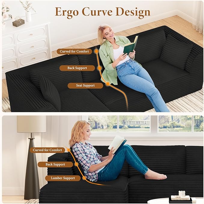Vesgantti 106" Boneless Couch with Chaise, Deep Seat Comfy Cloud Modular Sofa Corduroy Memory Foam Sectional Couches for Living Room Bedroom, No Assembly Required (Black, Left-Facing Chaise)