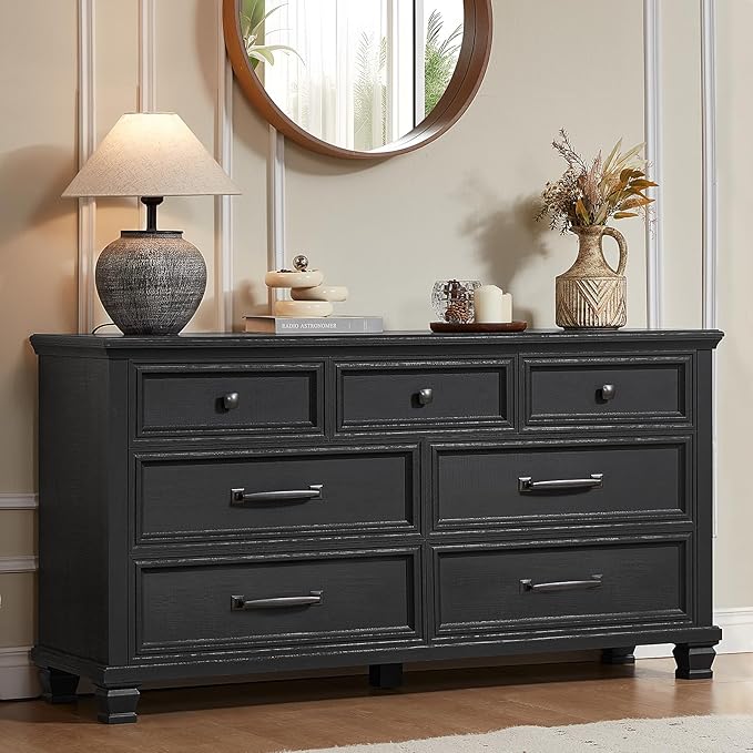 Farmhouse 7 Drawer Dresser for Bedroom, 54” Wide Dresser for Closet, Large Rustic Wooden Dressers, Chest of Drawers for Bedroom, Living Room, Entryway, Black