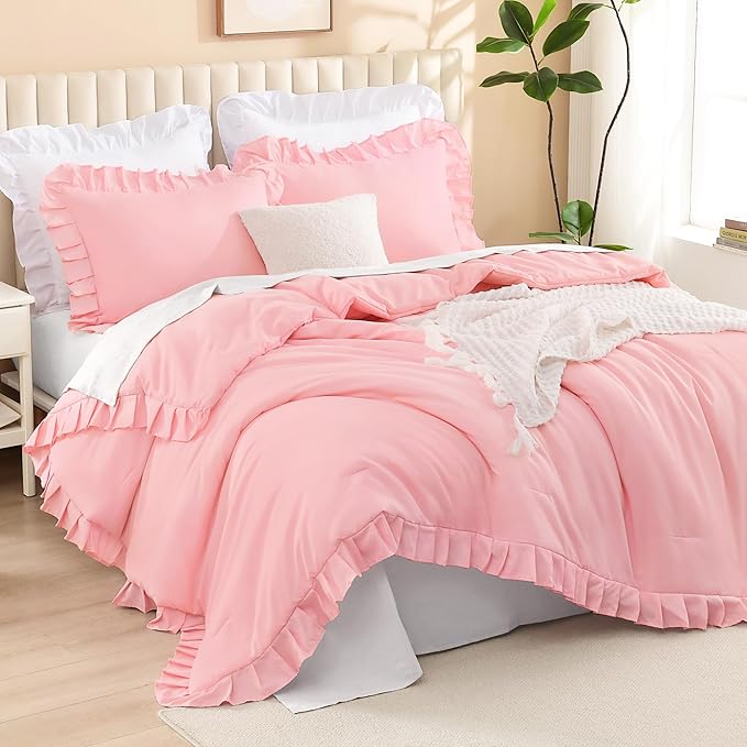 Litanika Pink Queen Comforter Set, 3 Pieces Ruffle Farmhouse Aesthetic Bedding Comforter Set, All Season Soft Lightweight Fluffy Microfiber Bed Set(90x90In Comforter, 2 Pillowcases)