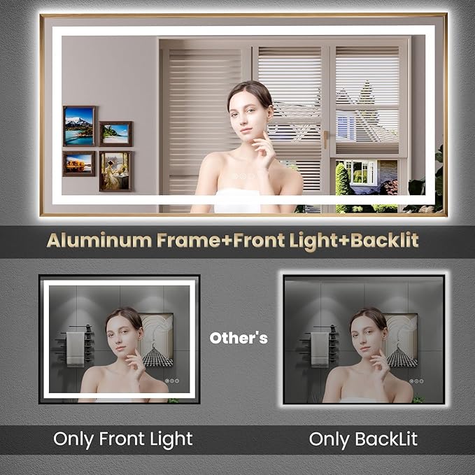 Amorho 40"X36" LED Bathroom Mirror Gold, Metal Framed Mirror with Front Light and Backlit, Stepless Dimmable, Anti-Fog, Shatter-Proof, Memory, 3 Colors