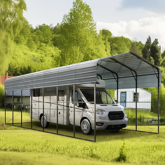 GREEN PARTY 14 x 35 ft Metal RV Carport Kits with Galvanized Steel Roof, Heavy Duty 2 Car Outdoor Car-Shed Canopy, Car Tent Metal Garage Shelter for RV, SUV, Truck, Tractors and Boats, Gray