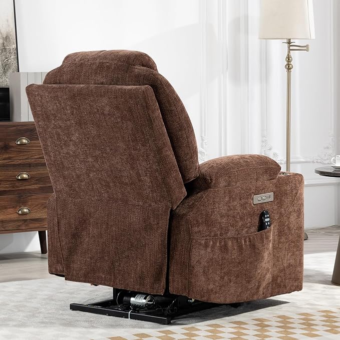 Power Lift Chair with Massage & Heat, Electric Recliner Chairs for Adults, Remote Control, Sofa for Living Room, Standing Assistance, USB Ports, Stainless Steel Cup Holders (Chenille Brown)