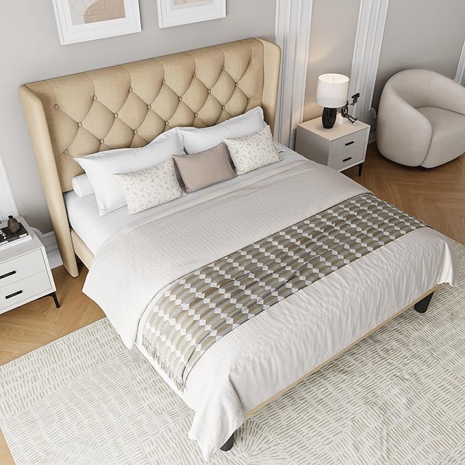 Full Size Upholstered Bed Frame with Wingback Headboard, Fabric Linen Platform Bed, 8" Under Bed Storage, Wooden and Metal Slats Support, No Box Spring Needed, Noise Free, Beige