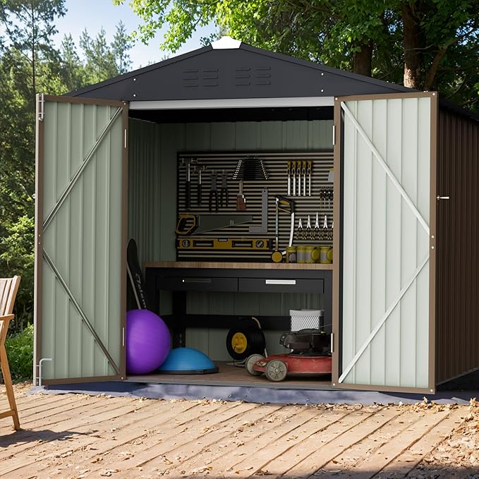 GUNJI 8 x 6 FT Shed Outdoor Storage Shed Metal Garden Shed with Lockable Door Outside Waterproof Tool Shed for Backyard, Patio, Lawn (Brown)