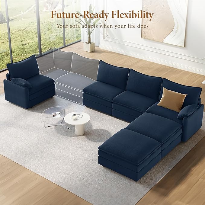 Vesgantti 142" U Shaped Sectional Couch, Comfy Cloud Modular Sectional Sofa with 2 Ottoman Deep Seat Chenille Modern Cloud Sofa, Modular Sofas for Living Room, Bedroom and Apartment, Blue
