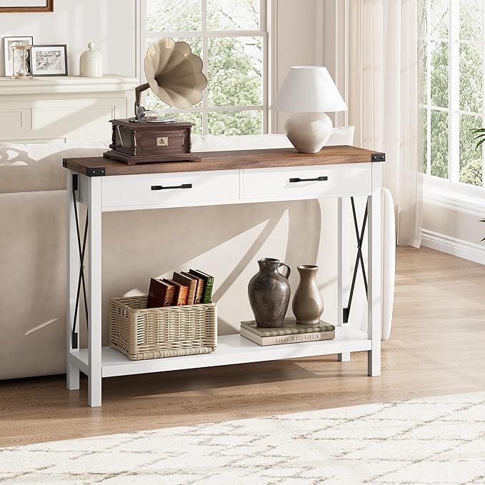 43” Entryway Table with Drawers, Narrow Console Sofa Table with Storage & Shelves, Farmhouse Entryway Console Table for Hallway, Living Room - White