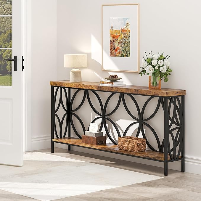 karlott 70.9 inch Extra Long Console Table, Industrial Sofa Table Behind Couch with 2 Tier Storage Shelf, Narrow Long Entryway Table for Living Room, Foyer, Hallway, Office, Rustic Brown