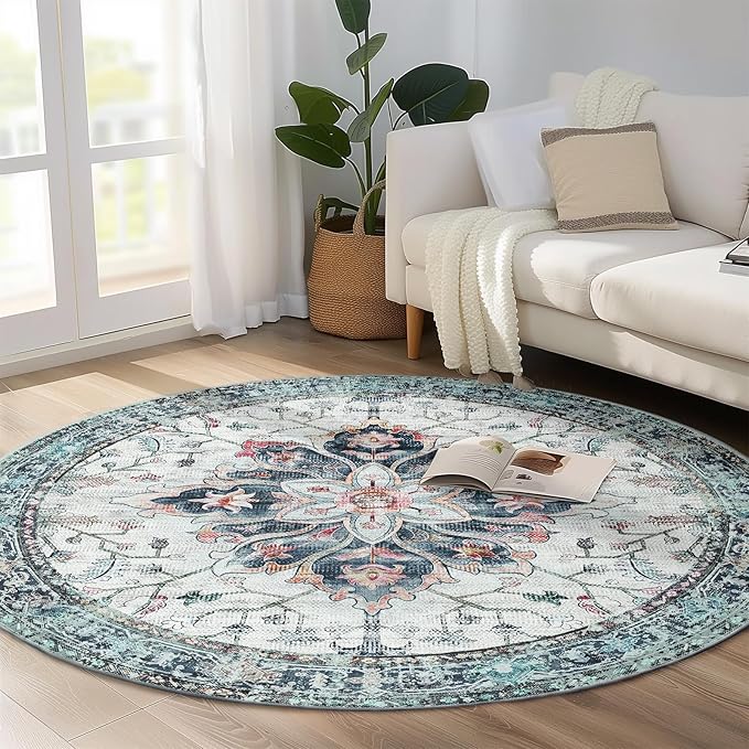 Area Rugs 4ft Washable Non-Slip, Floral Vintage Distress Print Pattern Medallion Carpet for Living Room Bedroom Dining Room, Green Navy Blue White Red Teal Colorful