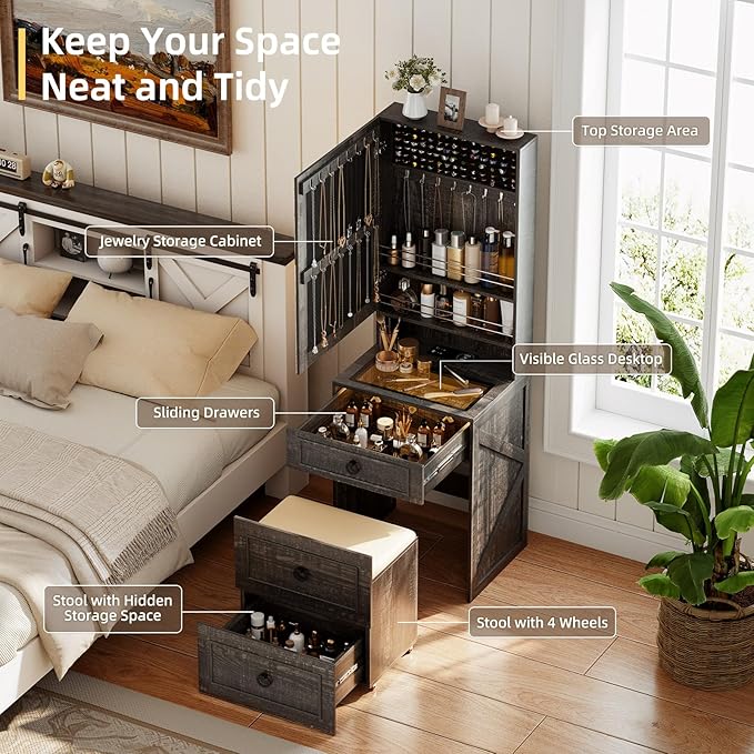 Makeup Vanity Desk with Mirror and Lights,Small Vanity Desk Set with Charging Station & Glass Top,Compact Dressing Table with Jewelry Cabinet & Storage Wheel Stool for Bedroom, Rustic Brown