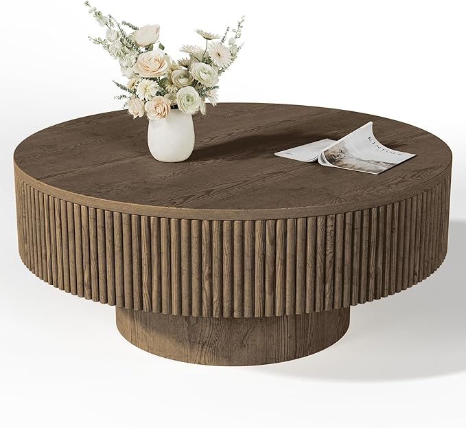 35” Round Fluted Coffee Table, Modern Wood Circle Coffee Table, Veneer Handcrafted Relief Tea Table with Sturdy Pedestal for Living Room, Easy Assembly - Brown
