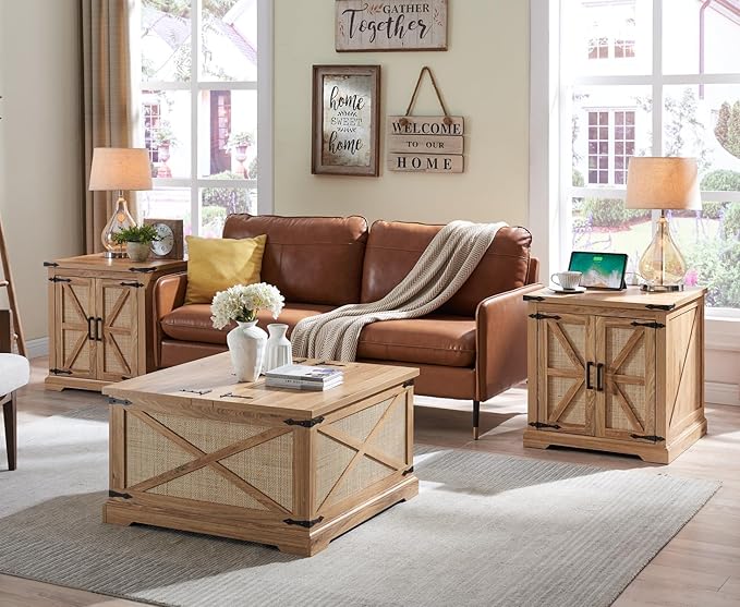 Farmhouse Square Coffee Table with Storage, Wood Center Table with Hinged Lift Top, Rustic Cocktail Table with Large Hidden Storage Compartment for Living Room, Bedroom,Natural,Rattan