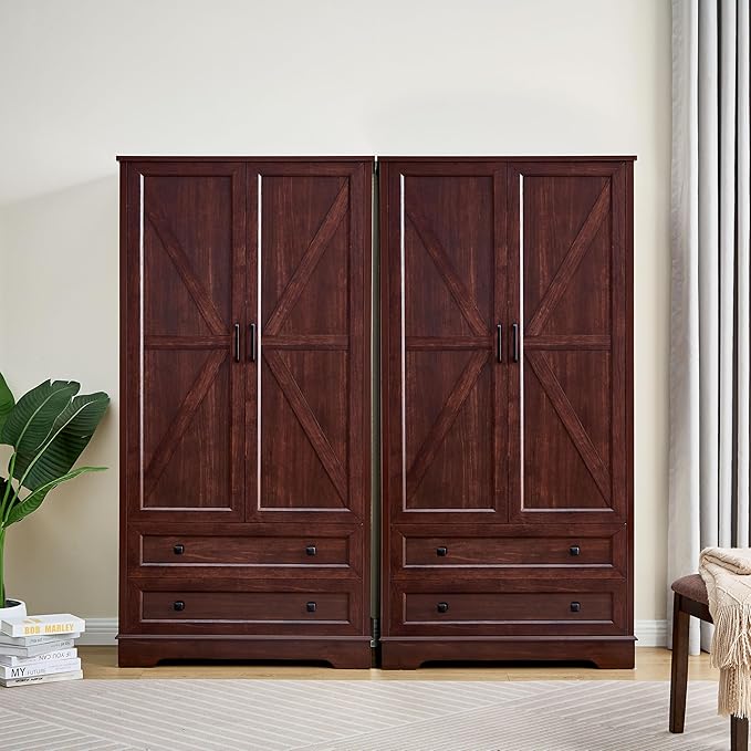 SOOWERY Dresser for Bedroom, Farmhouse Dresser with 2 Wooden Drawers and Storage Cabinets, 71 Inches Tall Chest of Drawers for Bedroom, Living Room, Hallway, Dark Cherry