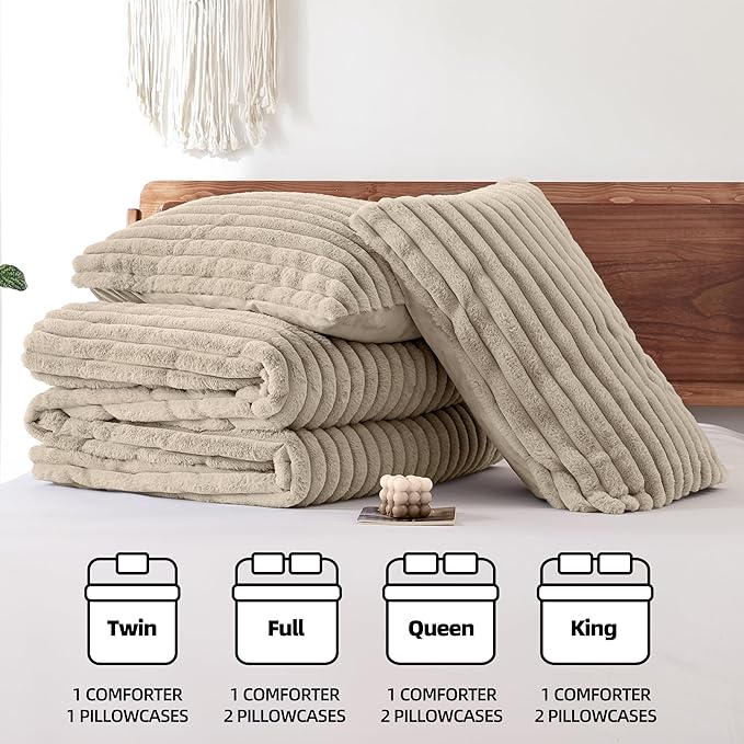 Smoofy Fluffy Queen Size Comforter Set 3 Pieces - Linen Fleece Fluffy Comforter Set, Luxury Fuzzy Queen Bedding Set, Soft Warm Queen Bed Set All Season, Heavy Faux Fur Comforter with 2 Pillow Cases