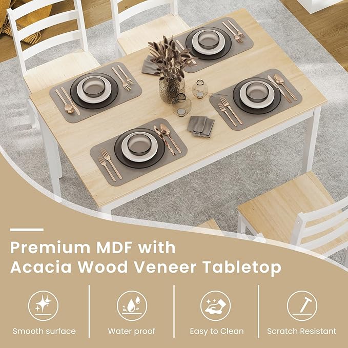 POWERSTONE Dining Table Set for 4, Kitchen Table Chairs Set of 4 with Rubber Wood Legs, Farmhouse 5 Piece Dining Table Set Solid Wood for Kitchen Dining Room Dinner (Natural)