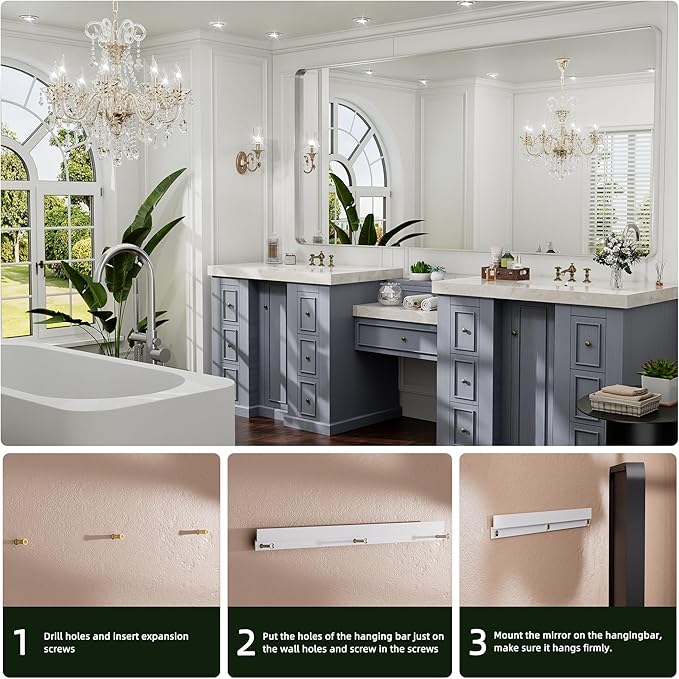 Hasipu Brushed Silver Bathroom Mirror 50x40 Inch Rounded Rectangle Vanity Mirror Metal Framed Wall Mirrors Anti-Rust Surface Mount (Horizontal/Vertical)