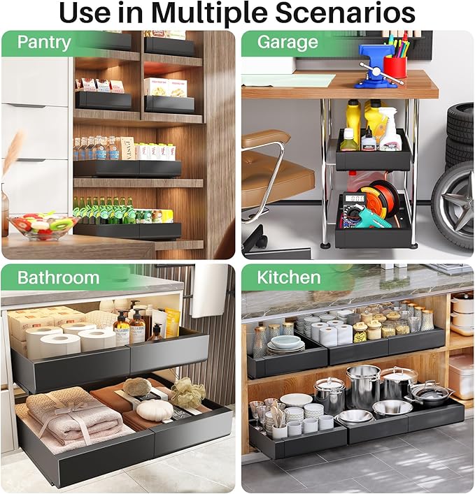 Pull out Cabinet Organizer, Wider Expandable(14"-24") Heavy Duty Slide out Drawers Fixed with Adhesive Nano Film for Pots and Pans, Roll out Shelf Storage for Kitchen Base Organization(Black)