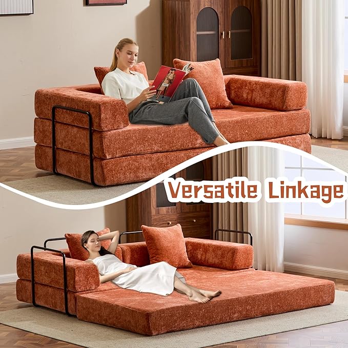Convertible Sofa Bed, Compression Futon Sofa with Pillows & Armrest, Foldable Mattress Couch with Fixed-Shape Frame, Comfy Couch Lounge Sleeper Bed for Living Room Bedroom, Orange