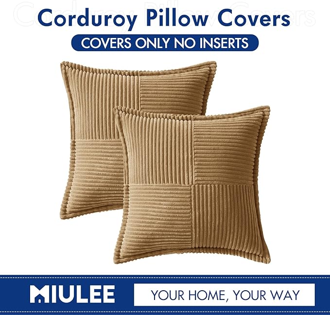 MIULEE Decorative Euro Sham Throw Pillow Covers for Couch Bed Livingroom 24x24 Inch Set of 2 Brown Boho Accent Throw Pllows Broadside Striped Patchwork Soft Corduroy Pillowcases