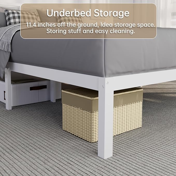 14 Inch Bamboo Bed Frame – Solid Wood Platform Bed Frame, Strong and Stable, with Non-Slip Slats for Support, No Box Spring Needed, Easy to Assemble, Noise-Free (White with Headboard, Queen)