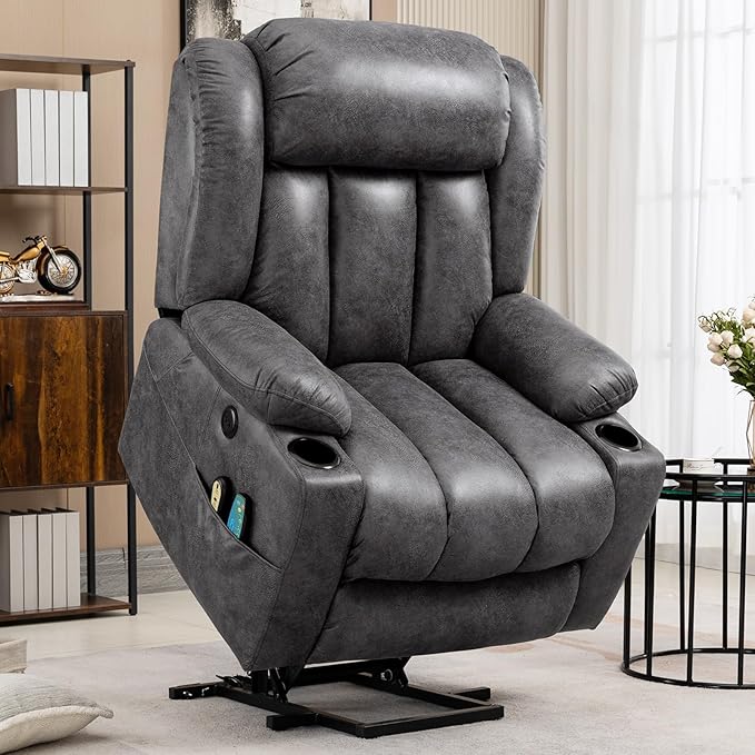 VIVIJASON Tall Man Large Power Lift Recliner Chair with Massage and Heat for Elderly, Overstuffed Wide Electric Lift Recliner with Extended Footrest, 2 Cup Holder, Side Pockets & USB Ports (Grey)
