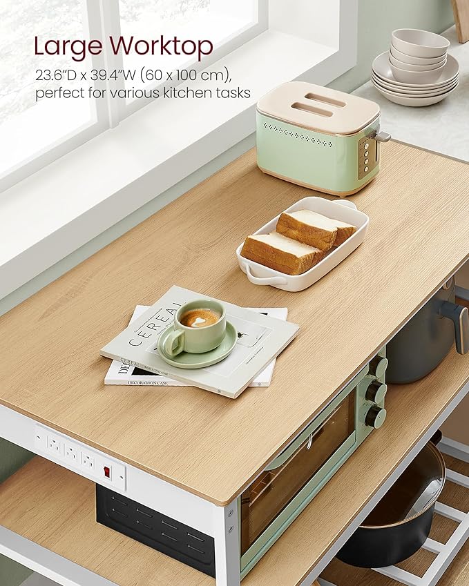 VASAGLE Kitchen Island with 3 Shelves, 39.4 Inches Width Kitchen Shelf with Power Strip, Large Worktop, Stable Steel Structure, Industrial, Easy to Assemble, Golden Oak and White UKKI105Y01