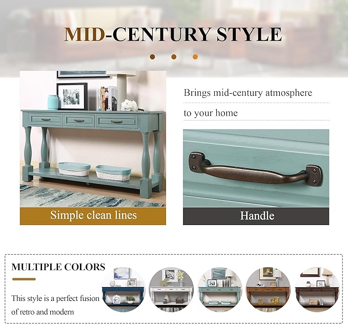 63inch Solid Wood Console Table with 3 Drawers and 1 Bottom Shelf Extra-Thick Sofa Table(Retro Blue)