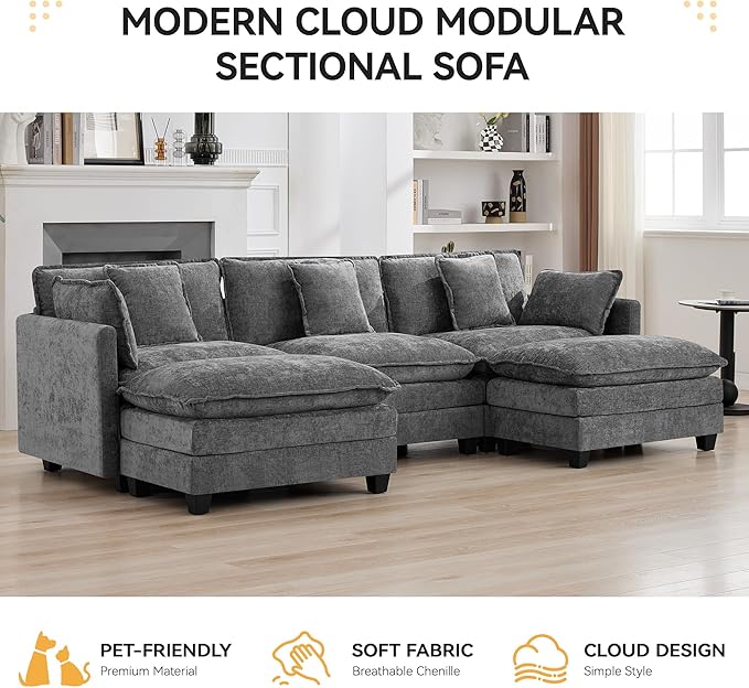 111'' Sectional Cloud Deep Seat Couch, Oversized Chenille U Shaped Sectional Sofa for Living Room Set, Comfy Upholstered Modular 3-Seats Sectional Sofa Couch with 2 Movable Ottoman, Grey