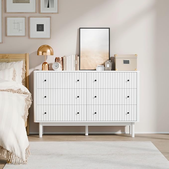 Fluted 6 Drawers Dresser for Bedroom, 54" Wide Modern Chest of Drawers with Faux Marble Top, Curved Profile Design, Solid Wood Legs, Wodden Dresser TV Stand, Storage Organizer for Bedroom, White