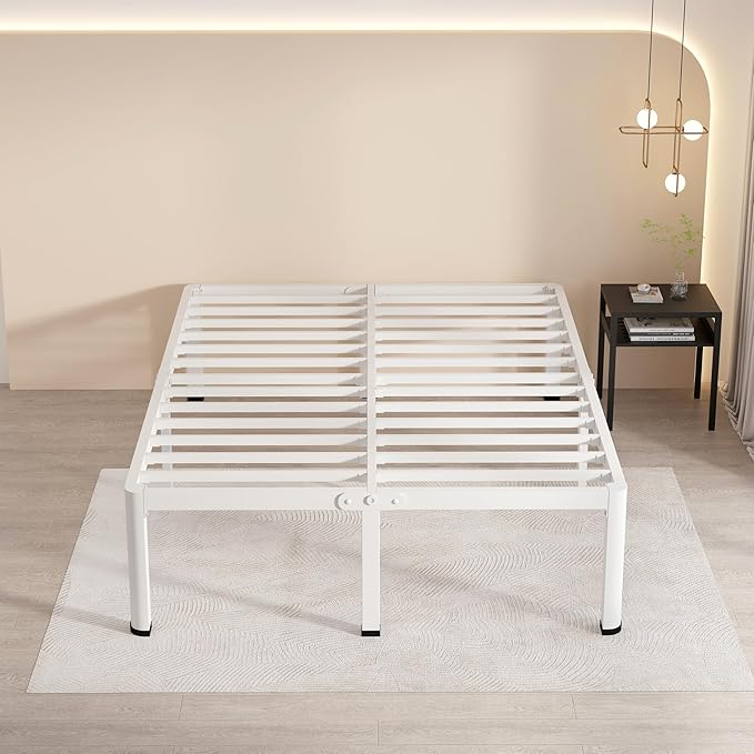 MAF 18 Inch California King Bed Frame White with Round Corner Legs Mattress Slide Stopper No Box Spring Needed Heavy Duty Metal Platform Bed Frames, 3000 LBS Steel Slats Support