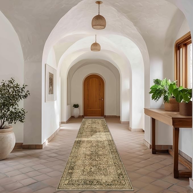 FMFUNCTEX 3x10 Runner Rug Brown Washable Vintage Neutral Distressed Non Slip Low Pile Indoor Carpet Soft Retro Floral Hallway Entryway Rug for Kitchen Living Room Bedroom Bathroom Laundry Bedside