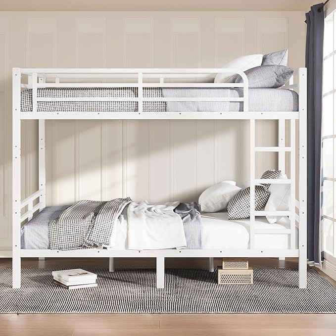 Full XL Over Full XL Bunk Bed Frame, Heavy Duty Metal Loft Bed for Adults/Teens, 350/500LB Capacity w/Ladder & Guardrail, Noise-Free Steel Slats, No Box Spring Required, White