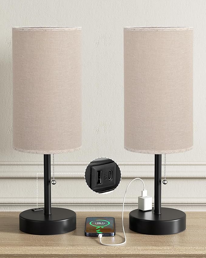 Plus Beige Bedside Table Lamps Set of 2-3 Color Temperatures Pull Chain Lamp with AC Outlet Charging Port, Two Round Night Stand Lamps for Bedroom Guest Room Office, Bed Side Light