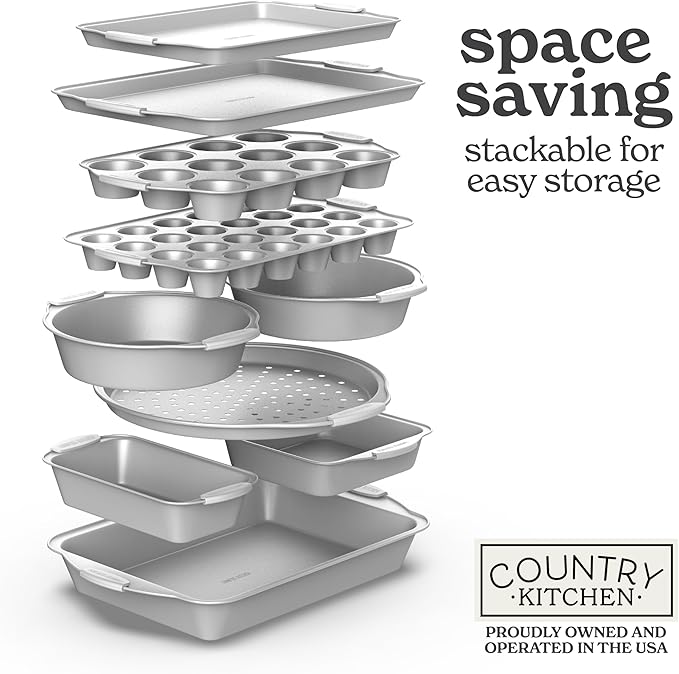 Country Kitchen Nonstick Stackable Bakeware Set - Heavy Duty, Durable, Easy Release Baking Set, Silver, 10 Pcs