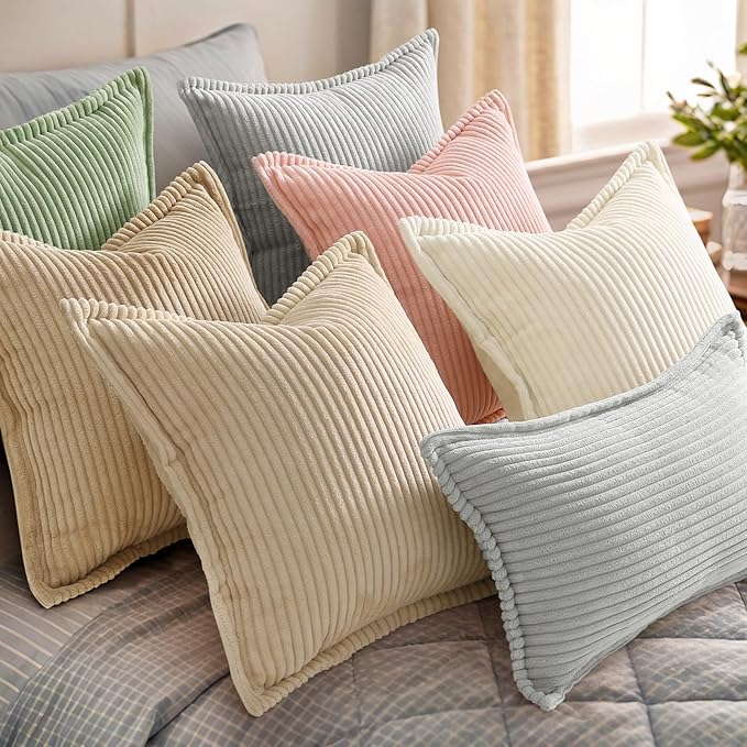 decorUhome Corduroy Cream White Throw Pillow Covers 20x20 Set of 2 Decorative Soft Boho Striped Neutral Euro Farmhouse Couch Pillow Covers with Broadside for Living Room Bed Sofa