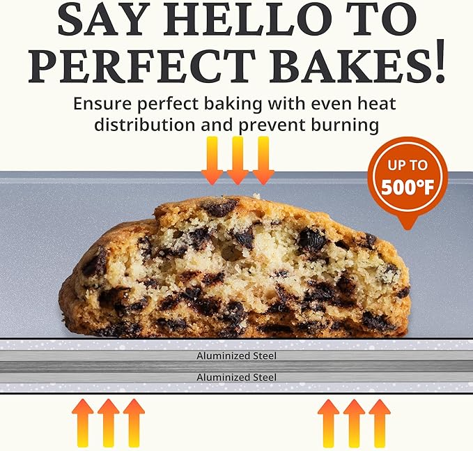 BRONYPRO Non Stick Ceramic Baking Sheet Pan Set of 3, Natural Non Toxic Cookie Sheets for Baking - PFOA, PTFE Free, Heavy Duty Aluminized Steel Oven Trays for Cooking with Silicone Handles, Coral