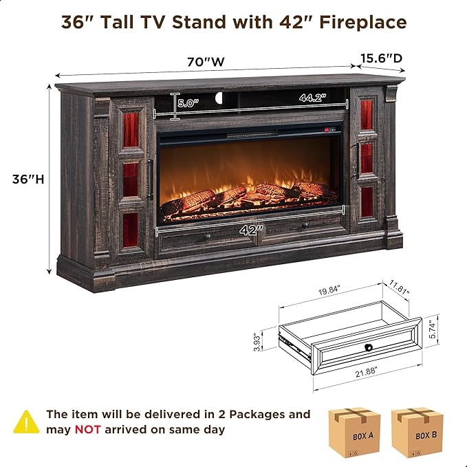 OKD Fireplace TV Stand for up-to-80 TV, Farmhouse 36" Tall Entertainment Center with 42" Electric Fireplace, Media Console with Glass Door Cabinets & Drawers for Living Room, Dark Rustic Oak