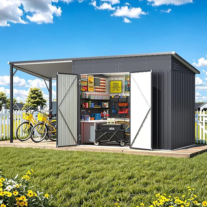 AECOJOY Outdoor Open-Sided Metal Storage Shed, 8' x 6' Sheds & Outdoor Storage with 48 Sq. Ft Covered, 6x8 Small 2-in-1 Tool Shed with Attached Hardtop Metal Pergola Gazebo for Patio