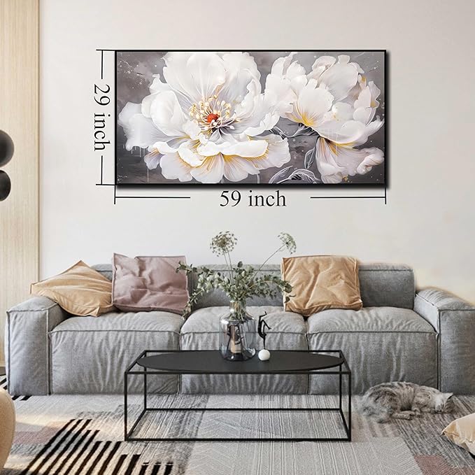 White Flower Wall Decor - Canvas Wall Art for Bedroom Women - Black Framed Wall Art Size 29" x 59"