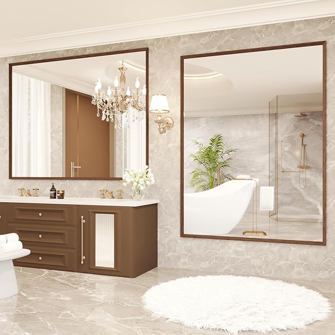 Bathroom Vanity Mirror 48x36 Inch, Walnut Rectangle Bathroom Mirror, Anti-Rust, 4MM Tempered Glass, Wall-Mounted Mirror, Hangs Horizontally or Vertically for Bathroom & Bedroom